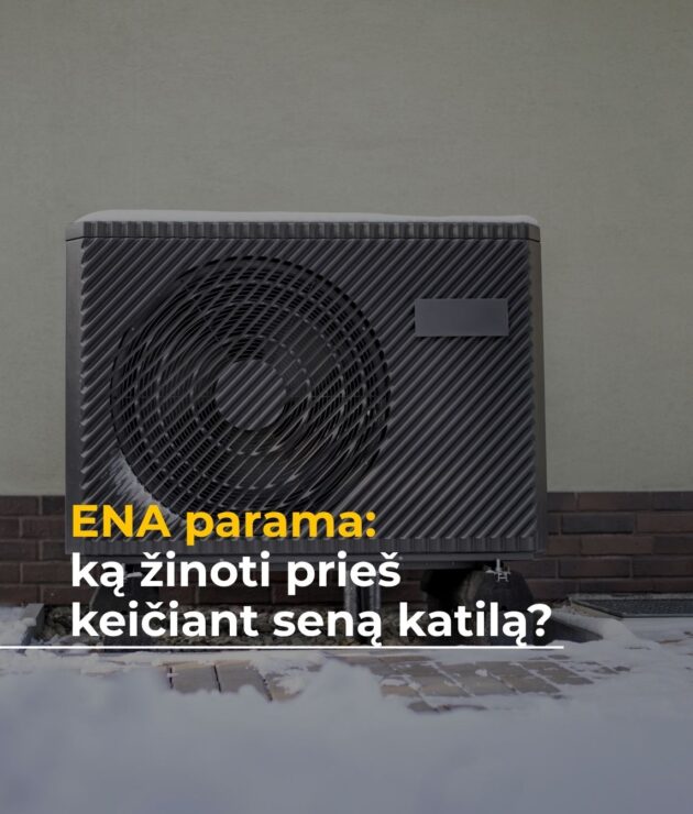 šilumos siurblio išorinis blokas sumontuotas šalia namo ant vibracinių padelių