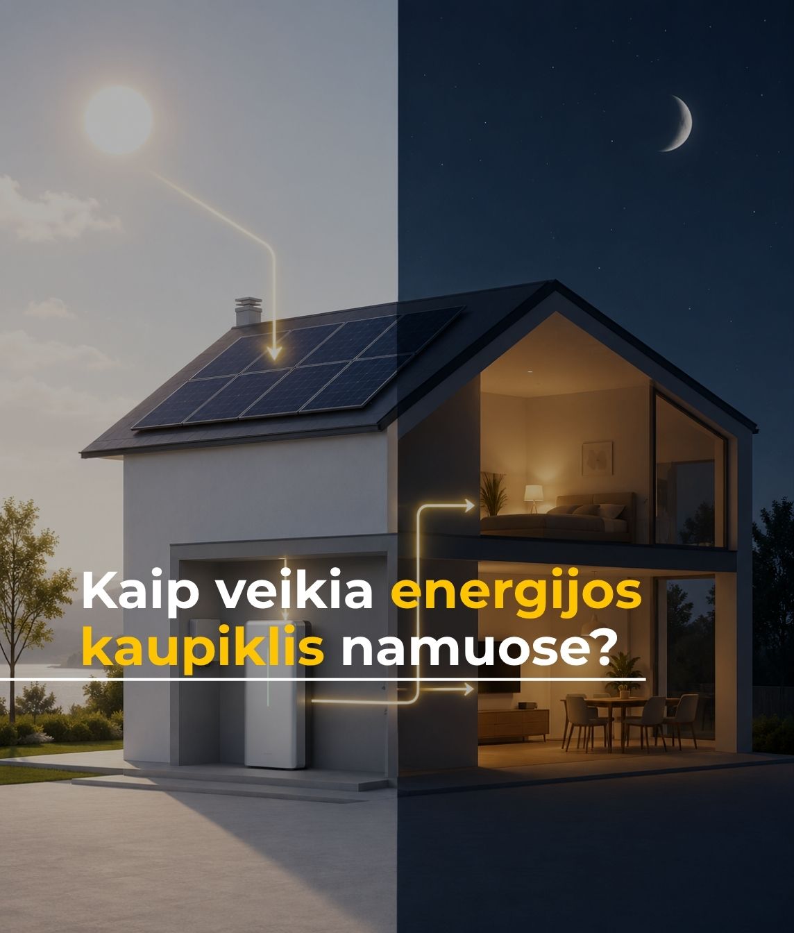 Privataus namo paveikslėlis dieną ir naktį su straipsnio tekstu. Energijos kaupiklis prie namo sienos