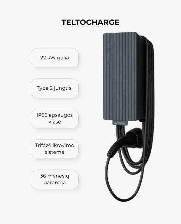 Teltocharge įkrovimo stotelė be Type 2 kabelio arba su 5m ir 7,5m kabeliu